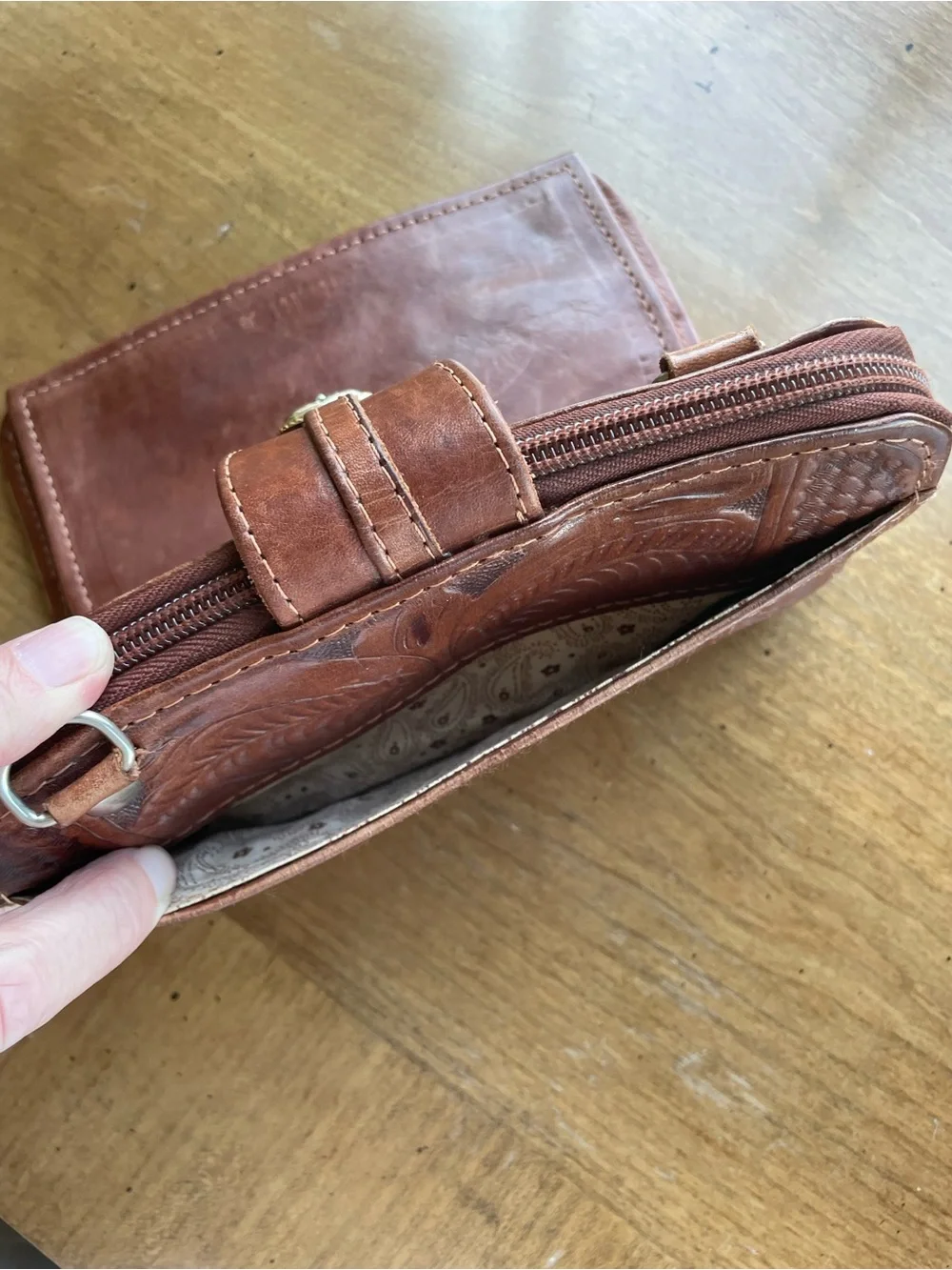 Vintage Western Brown Tooled Leather Clutch with Silver & Gold Tone Buckle